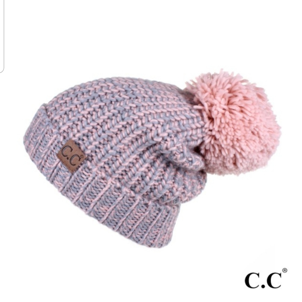 **- C.C.Beanie Chucky Knit w/Pompom Rose/Grey